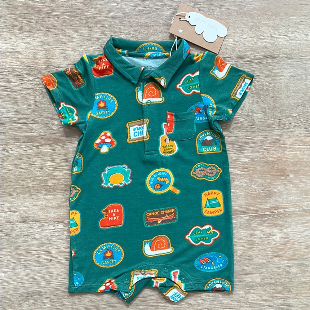 Angel Dear Baby Boy Camp Patches Bamboo Shortie Romper 3-6 months